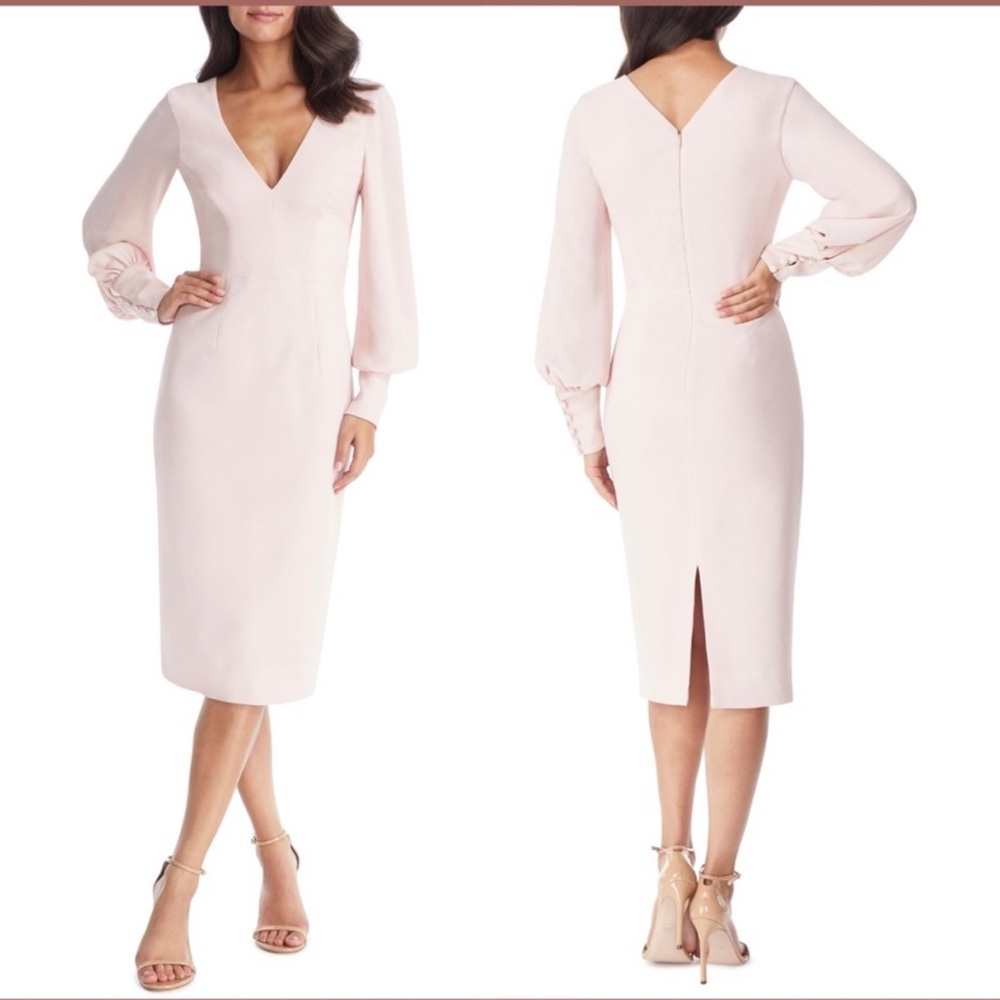 Dress the Population Pink Norah Plunge Body-Con long Puff Sleeve Dress - Reemoly